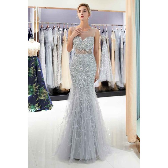 MEG Mermaid Sleeveless Illusion Neckline Crystal Sqeuined Tulle Evening Dresses