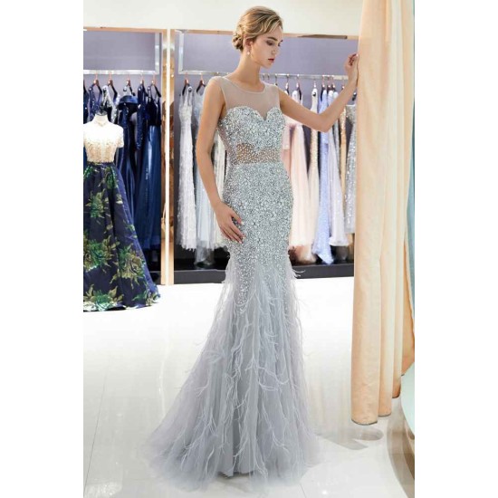 MEG Mermaid Sleeveless Illusion Neckline Crystal Sqeuined Tulle Evening Dresses