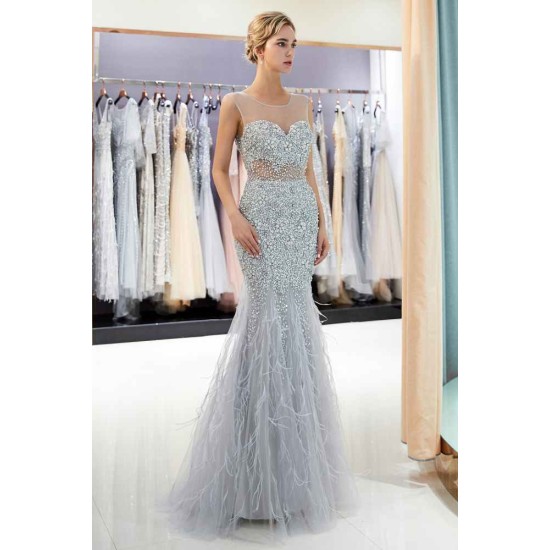 MEG Mermaid Sleeveless Illusion Neckline Crystal Sqeuined Tulle Evening Dresses