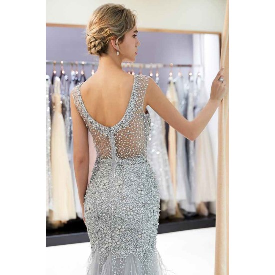 MEG Mermaid Sleeveless Illusion Neckline Crystal Sqeuined Tulle Evening Dresses