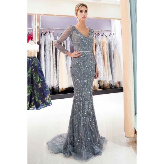 MAVIS Mermaid Long Sleevess V-neck Sequins Evening Gowns with Sash