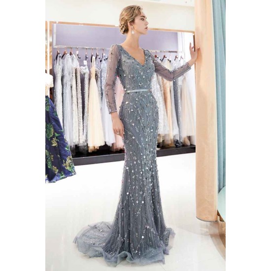 MAVIS Mermaid Long Sleevess V-neck Sequins Evening Gowns with Sash