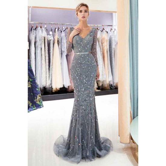 MAVIS Mermaid Long Sleevess V-neck Sequins Evening Gowns with Sash