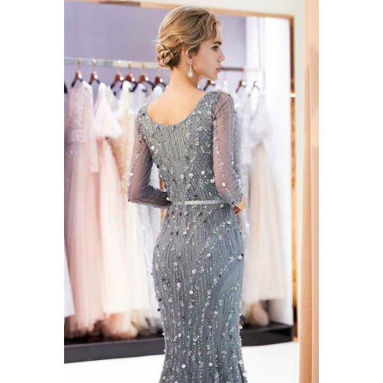 MAVIS Mermaid Long Sleevess V-neck Sequins Evening Gowns with Sash