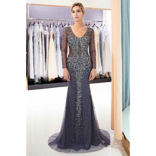 MAUREEN Mermaid V-neck Long Sleevess Charming Beading Evening Dresses