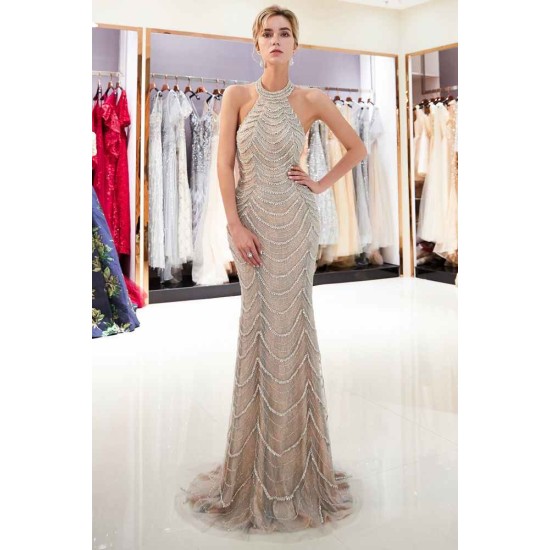 MAURA Mermaid Halter Sleeveless Long Sequined Pattern Evening Dresses