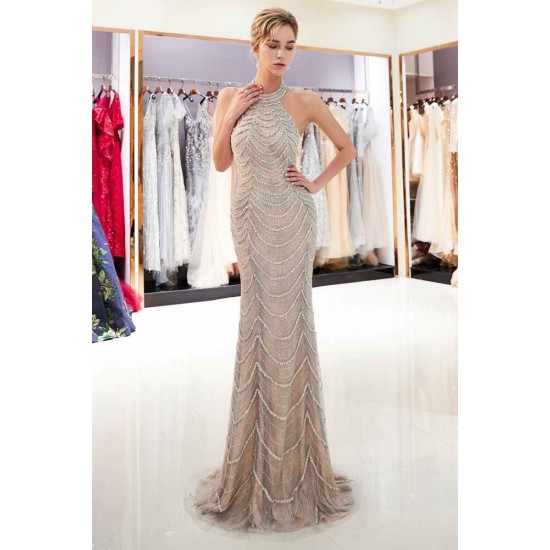 MAURA Mermaid Halter Sleeveless Long Sequined Pattern Evening Dresses