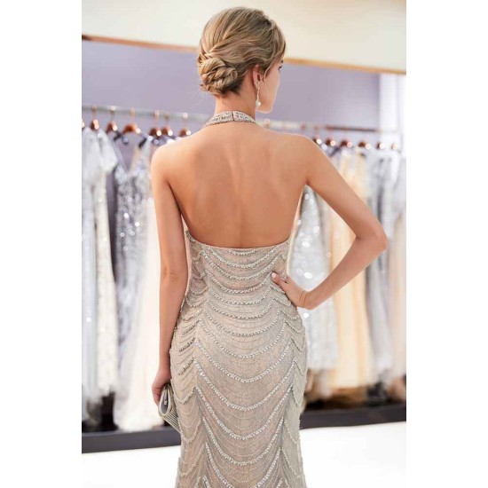 MAURA Mermaid Halter Sleeveless Long Sequined Pattern Evening Dresses