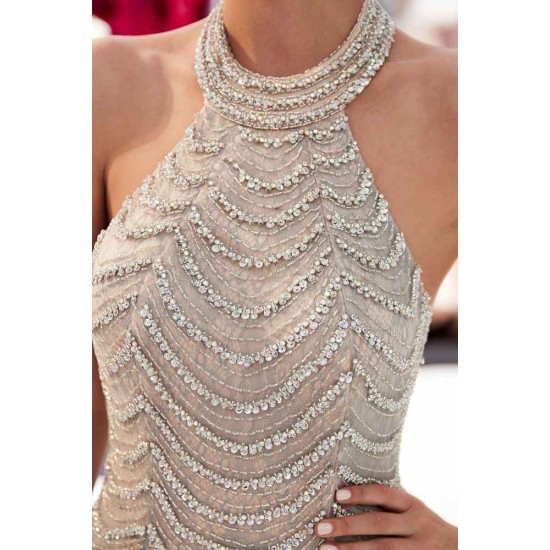 MAURA Mermaid Halter Sleeveless Long Sequined Pattern Evening Dresses