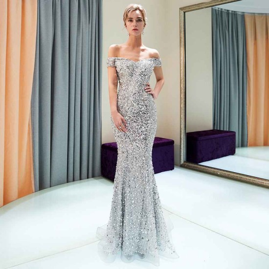 MAUDE Mermaid Off-the-shoulder Long Sequins Silver Evening Gowns