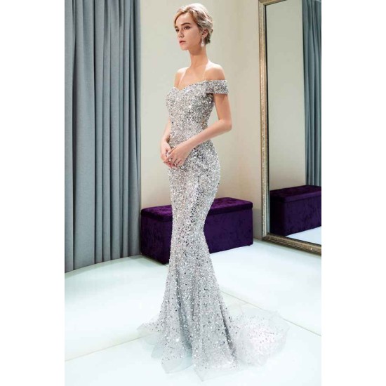 MAUDE Mermaid Off-the-shoulder Long Sequins Silver Evening Gowns