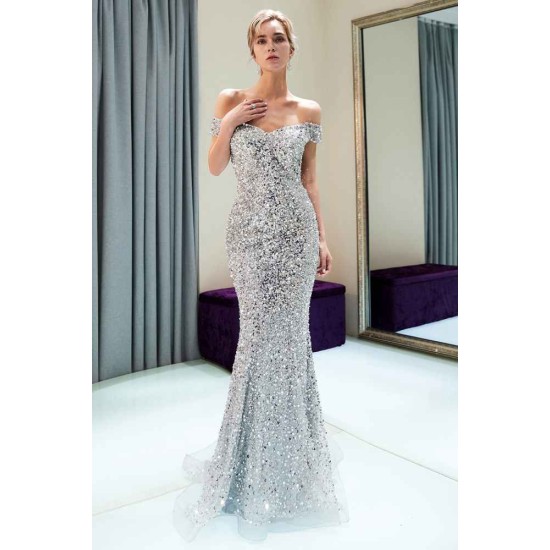 MAUDE Mermaid Off-the-shoulder Long Sequins Silver Evening Gowns