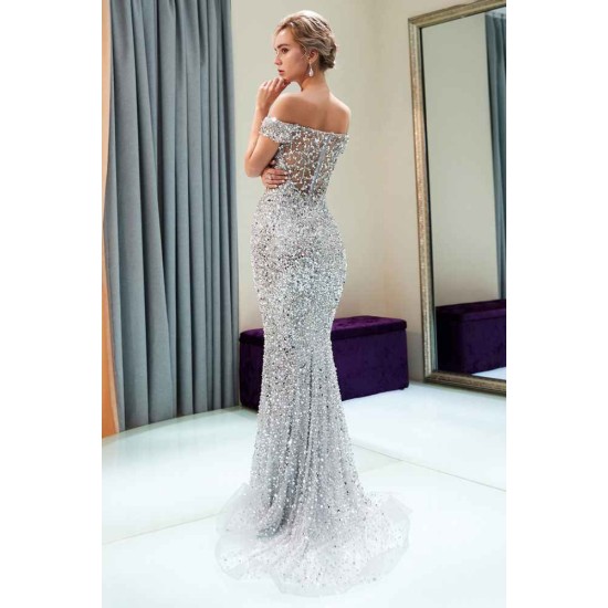 MAUDE Mermaid Off-the-shoulder Long Sequins Silver Evening Gowns