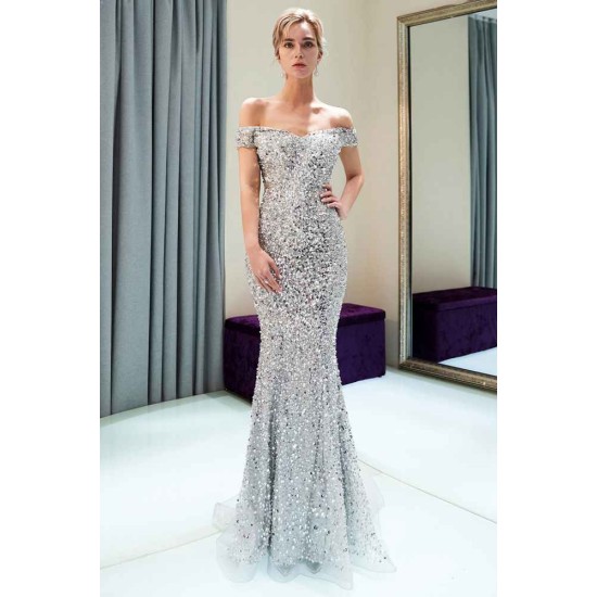 MAUDE Mermaid Off-the-shoulder Long Sequins Silver Evening Gowns