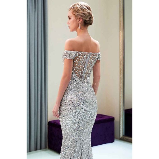 MAUDE Mermaid Off-the-shoulder Long Sequins Silver Evening Gowns