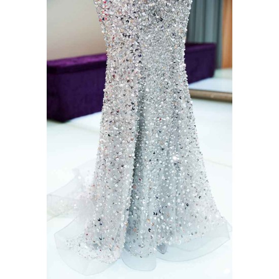 MAUDE Mermaid Off-the-shoulder Long Sequins Silver Evening Gowns