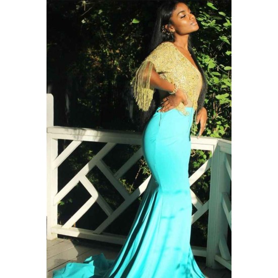 Mermaid Evening Gowns Short Sleeve Appliques