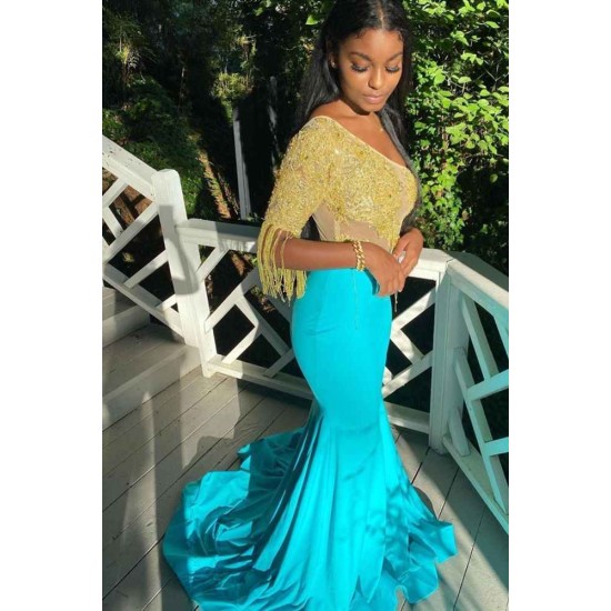 Mermaid Evening Gowns Short Sleeve Appliques