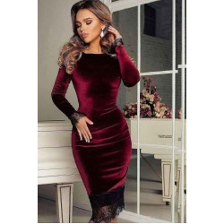 Velvet Knee Length Dress Slim Burgundy Long SLeeve Casual Wear Dress