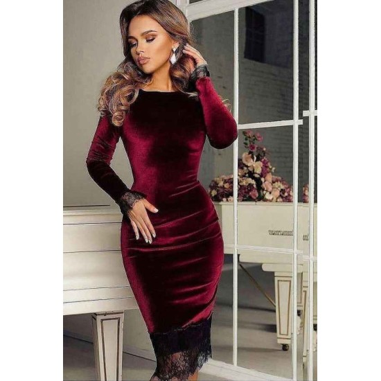 Velvet Knee Length Dress Slim Burgundy Long SLeeve Casual Wear Dress
