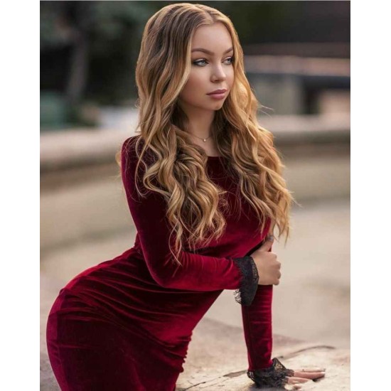 Velvet Knee Length Dress Slim Burgundy Long SLeeve Casual Wear Dress