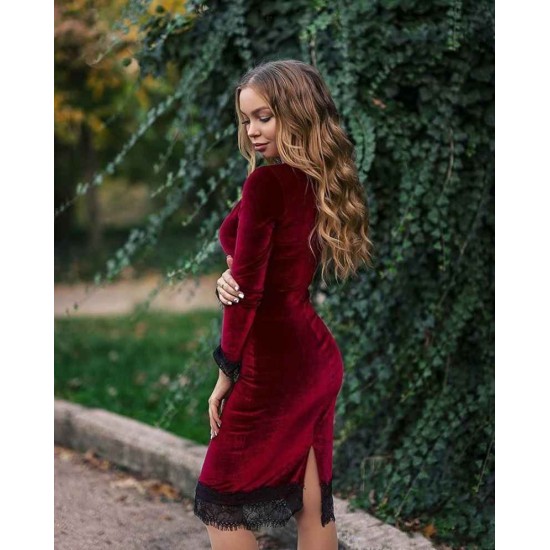 Velvet Knee Length Dress Slim Burgundy Long SLeeve Casual Wear Dress