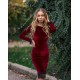 Velvet Knee Length Dress Slim Burgundy Long SLeeve Casual Wear Dress