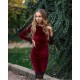 Velvet Knee Length Dress Slim Burgundy Long SLeeve Casual Wear Dress