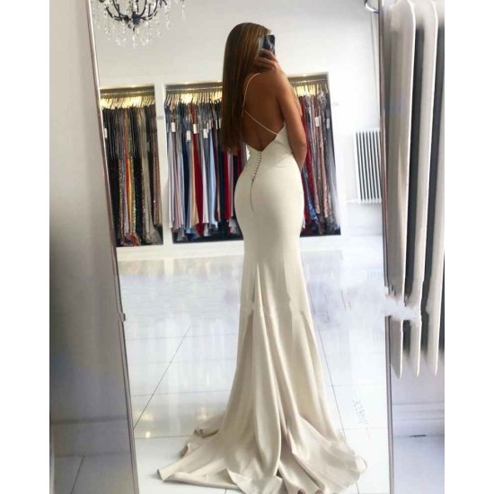 Simple style V-neck Mermaid Ivory Spaghetti Strap Evening Dress