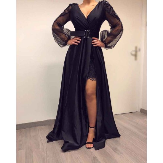 Long Sleevess Black V-neck High Split Bishop sleeves Evening Dresses