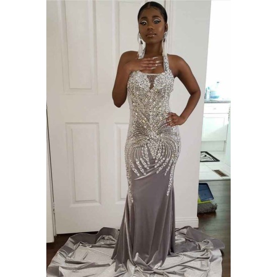 Halter Sparkle Crystal Sliver Prom Dresses Fit and Flare Alluring Backless Evening Gowns