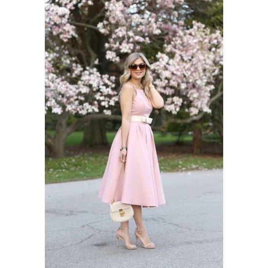 Light Pink Halter Sleeveless Summer Homecoming Dress with Belt