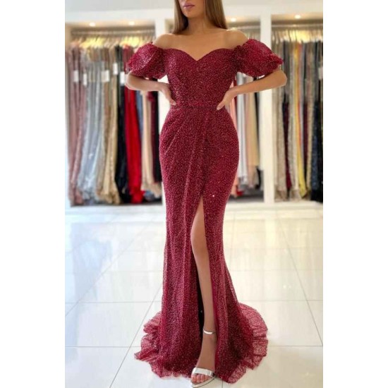 Off-the-Shoulder Bubble Sleeves Burgundy Prom Dress Sequins Slit Evening Gowns
