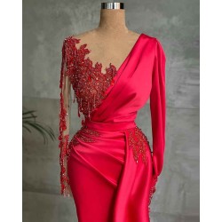 Gorgeous Red Long Sleeve Mermaid Evening Dress Lace Appliques Prom Gown Ruffles