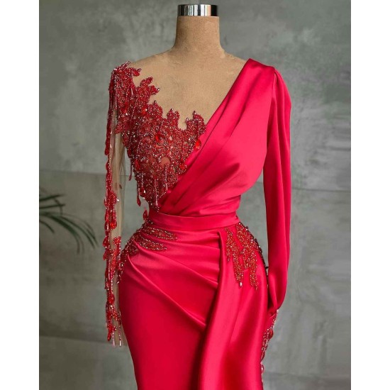 Gorgeous Red Long Sleeve Mermaid Evening Dress Lace Appliques Prom Gown Ruffles