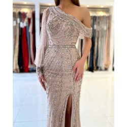 Luxurious Long Sleeve Beadings Prom Dress Long Mermaid Eevning Gowns With Slit