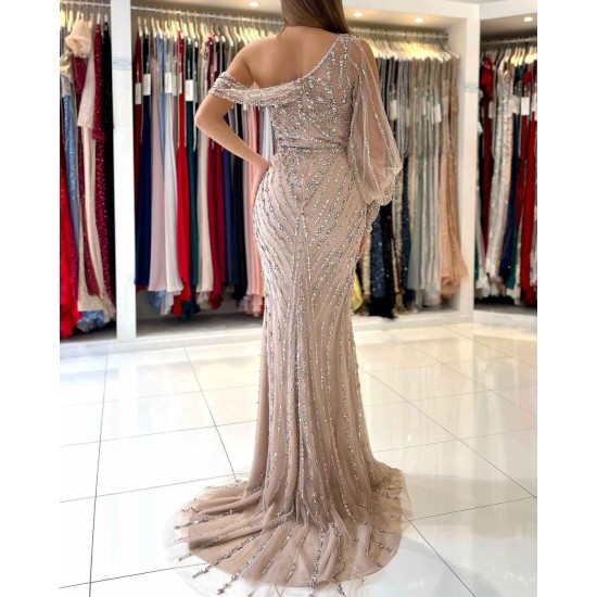 Luxurious Long Sleeve Beadings Prom Dress Long Mermaid Eevning Gowns With Slit