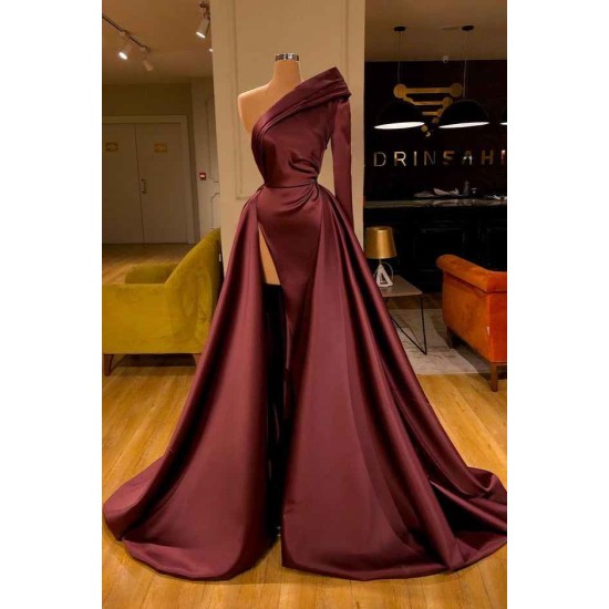 Chic Long Sleeve One Sleeve Evening Dress With Split On Sale