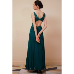 Dark Green V-neck Open-back Sleeveless Lace Evening Dress