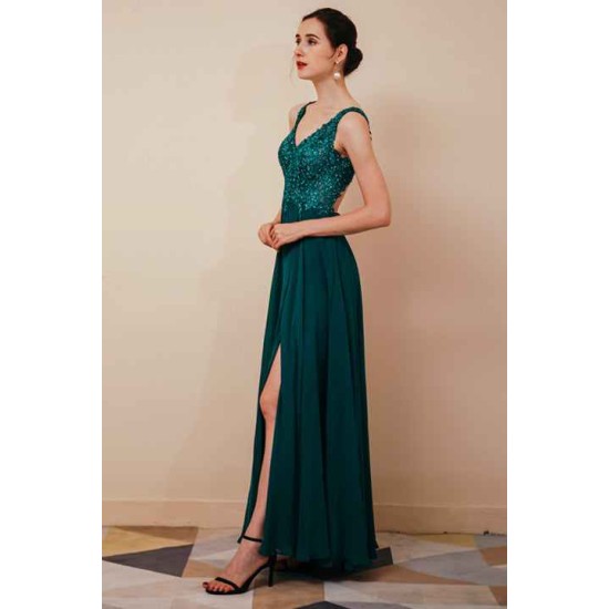Dark Green V-neck Open-back Sleeveless Lace Evening Dress