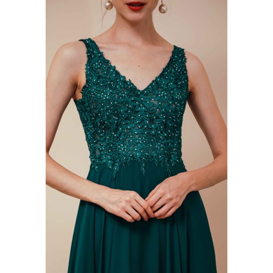 Dark Green V-neck Open-back Sleeveless Lace Evening Dress