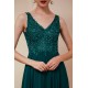 Dark Green V-neck Open-back Sleeveless Lace Evening Dress