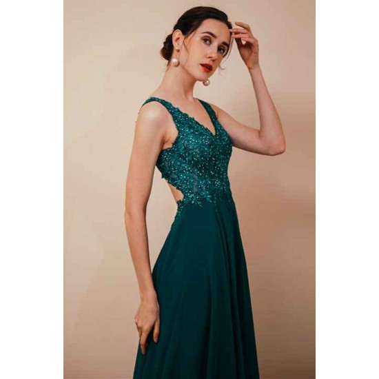 Dark Green V-neck Open-back Sleeveless Lace Evening Dress