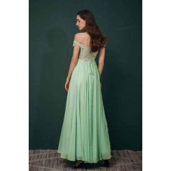 Mint Green Chiffon See-through Off-the-shoulder Lace Evening Dress