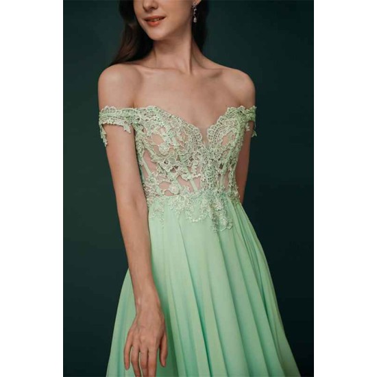 Mint Green Chiffon See-through Off-the-shoulder Lace Evening Dress