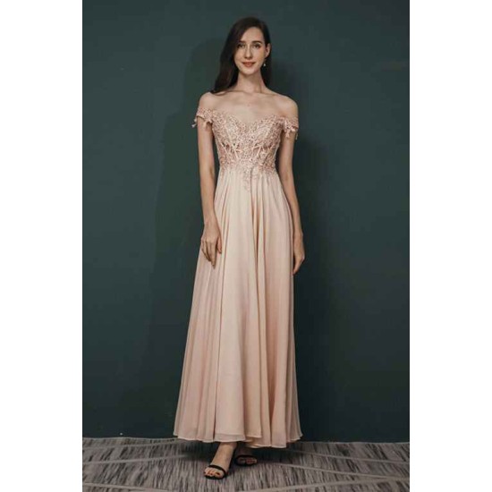 Mint Green Chiffon See-through Off-the-shoulder Lace Evening Dress