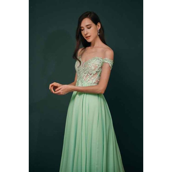 Mint Green Chiffon See-through Off-the-shoulder Lace Evening Dress