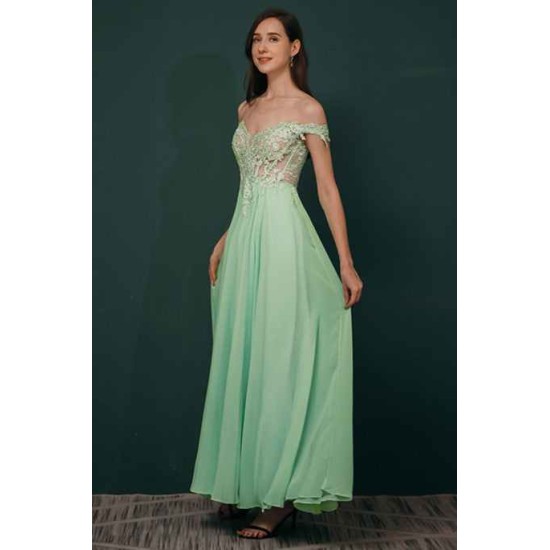 Mint Green Chiffon See-through Off-the-shoulder Lace Evening Dress