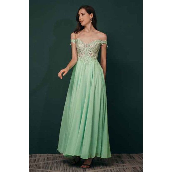 Mint Green Chiffon See-through Off-the-shoulder Lace Evening Dress