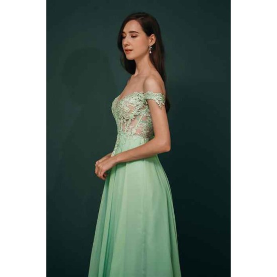 Mint Green Chiffon See-through Off-the-shoulder Lace Evening Dress